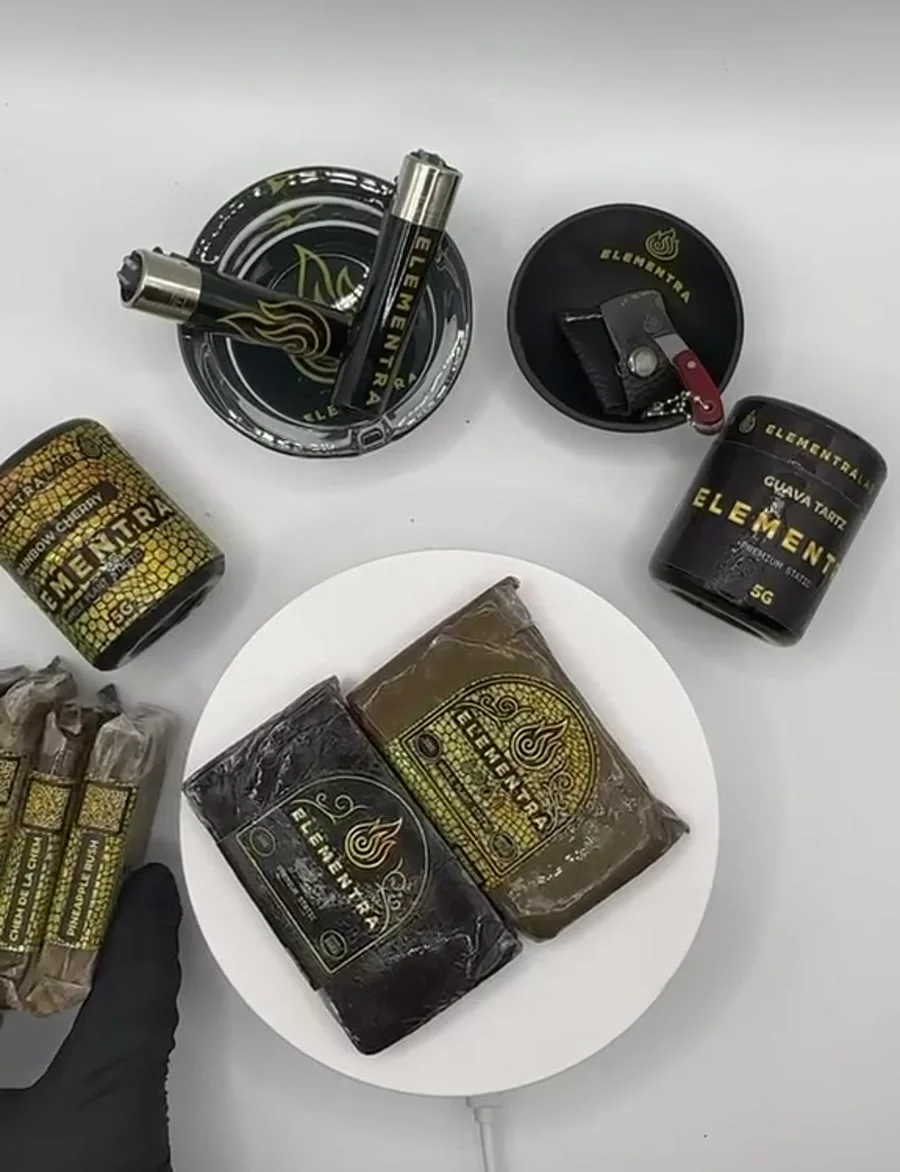 A lineup of Elementra Static Hash products — jars and blocks across the Premium Static and Whole Plant Static lines